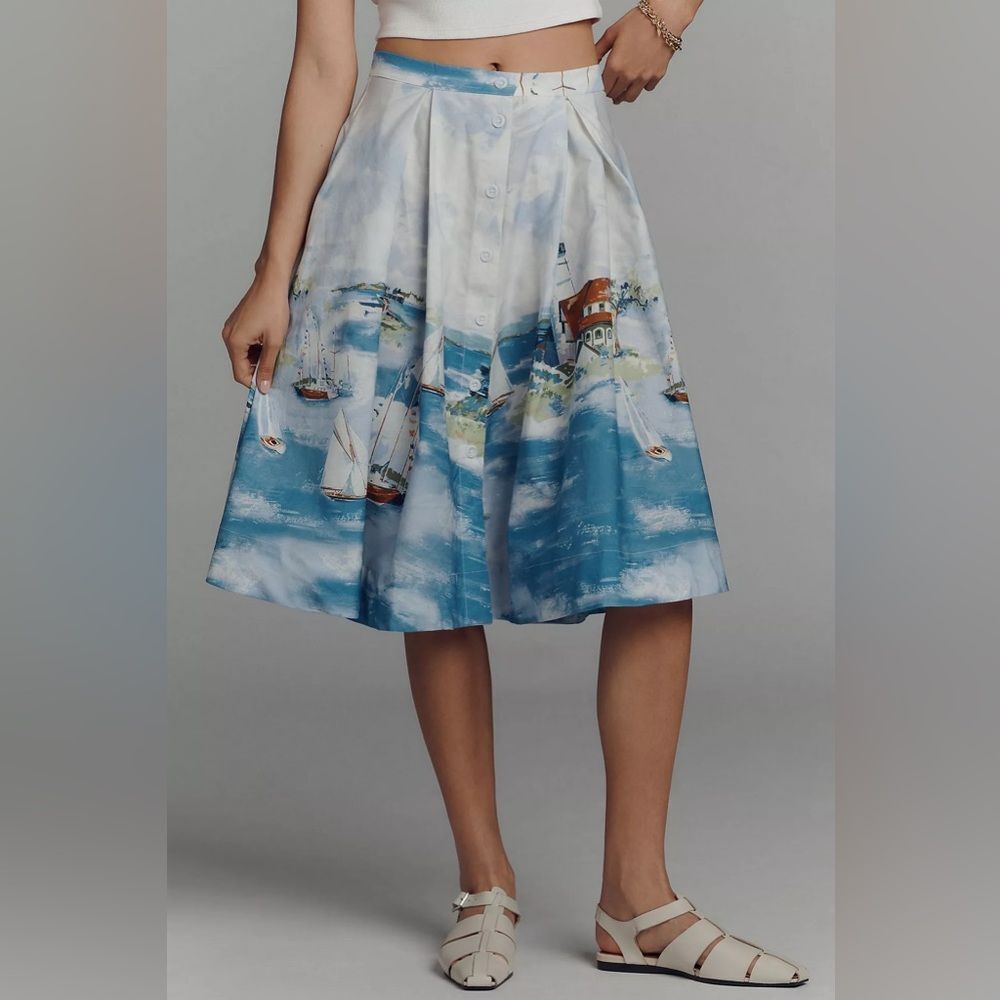 New Anthropologie Maeve 50's Seascape Print A-Line Skirt Size XL